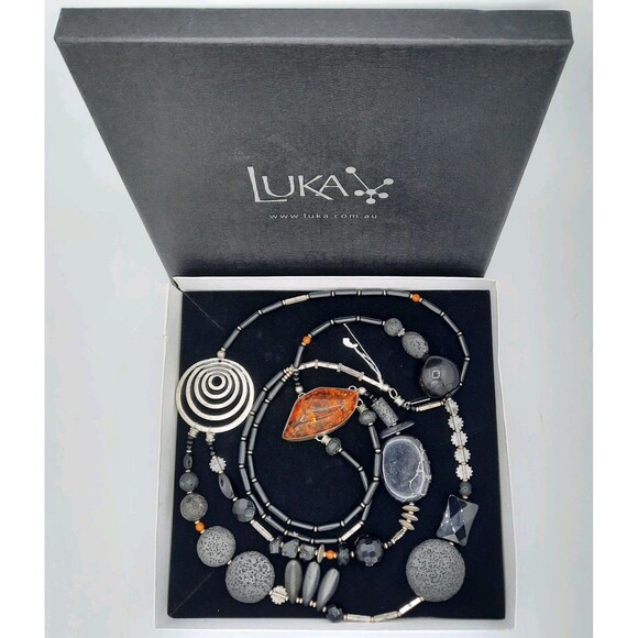 ONE Of A KIND Silver Amber Onyx Lava Statement Asymmetrical Necklace LUKA Design - Picture 2 of 5